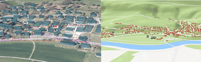 Two different perspectives of the 3D model in ArcGIS – the first focusing on utilities and the second on designed buildings, depicted in grey