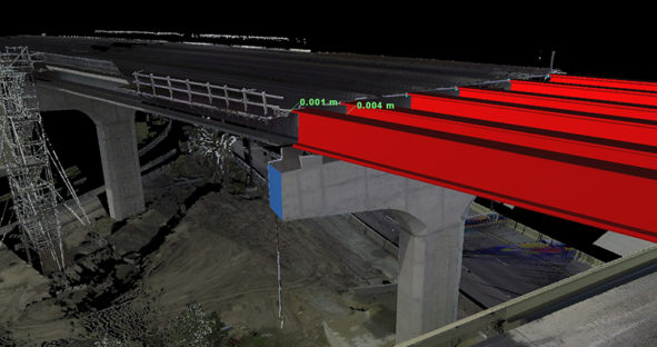 Digital model of an under-construction roadway bridge with beams highlighted in red with measurements