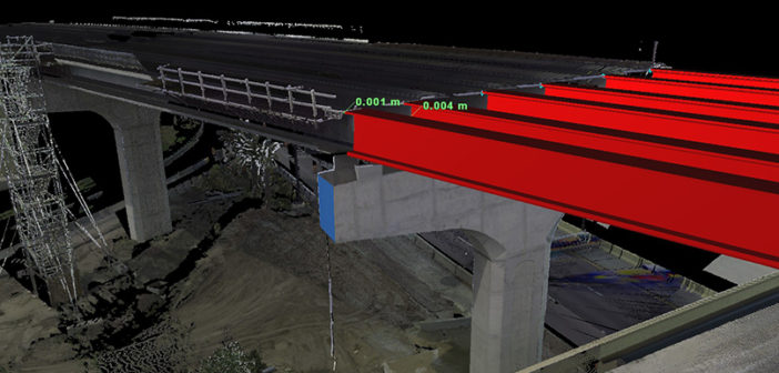 Digital model of an under-construction roadway bridge with beams highlighted in red with measurements