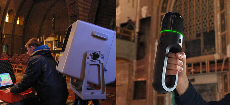 Two image panels compare old and new laser scanners