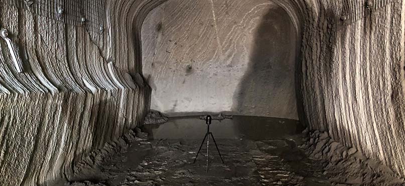 Product image of the Leica BLK360 imaging laser scanner inside a tunnel in Aunstralia.