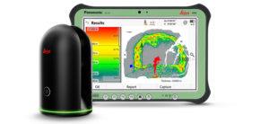 Product image of the Leica BLK360 imaging laser scanner and a tablet showing results on Leica Captivate field software 