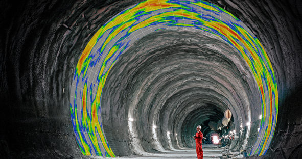 ScanCrete worker inside tunnel uses 3D laser scanning to inspect concrete wall thickness