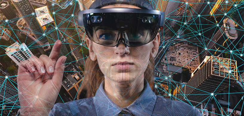 Woman wearing a AR headset with digital city behind her