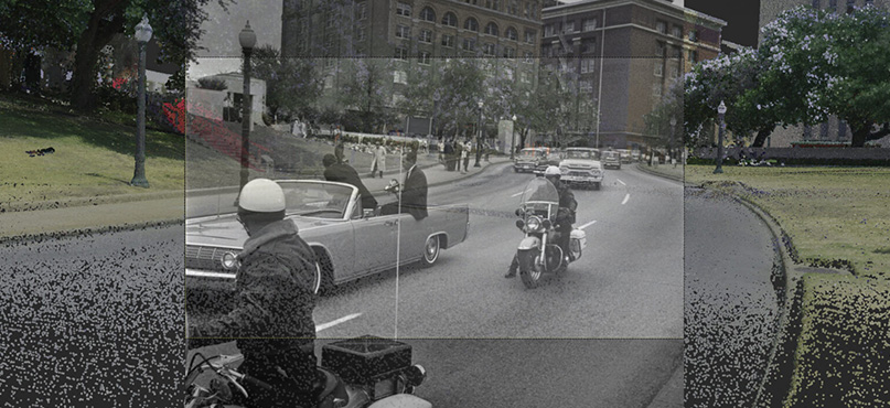 A Knott Laboratory digital reconstruction of Dealy Plaza overlayed with photographic imagery