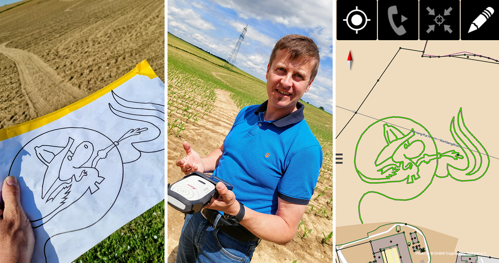 corn maze design as a paper drawing and in GIS software for stakeout with the FLX100