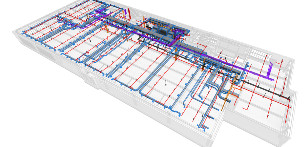 A detailed 3D Building Information Modeling (BIM) representation of a construction project, part of Hexagon’s Building Solutions 'Create' category. The model showcases the Mechanical, Electrical, and Plumbing (MEP) systems, with blue pipes (HVAC), red pipes (fire protection), black and purple conduits (electrical systems), and other structural elements, overlaid on a semi-transparent building structure. This visualization aids in clash detection, coordination, and planning, ensuring seamless integration of critical building systems within digital construction workflows.